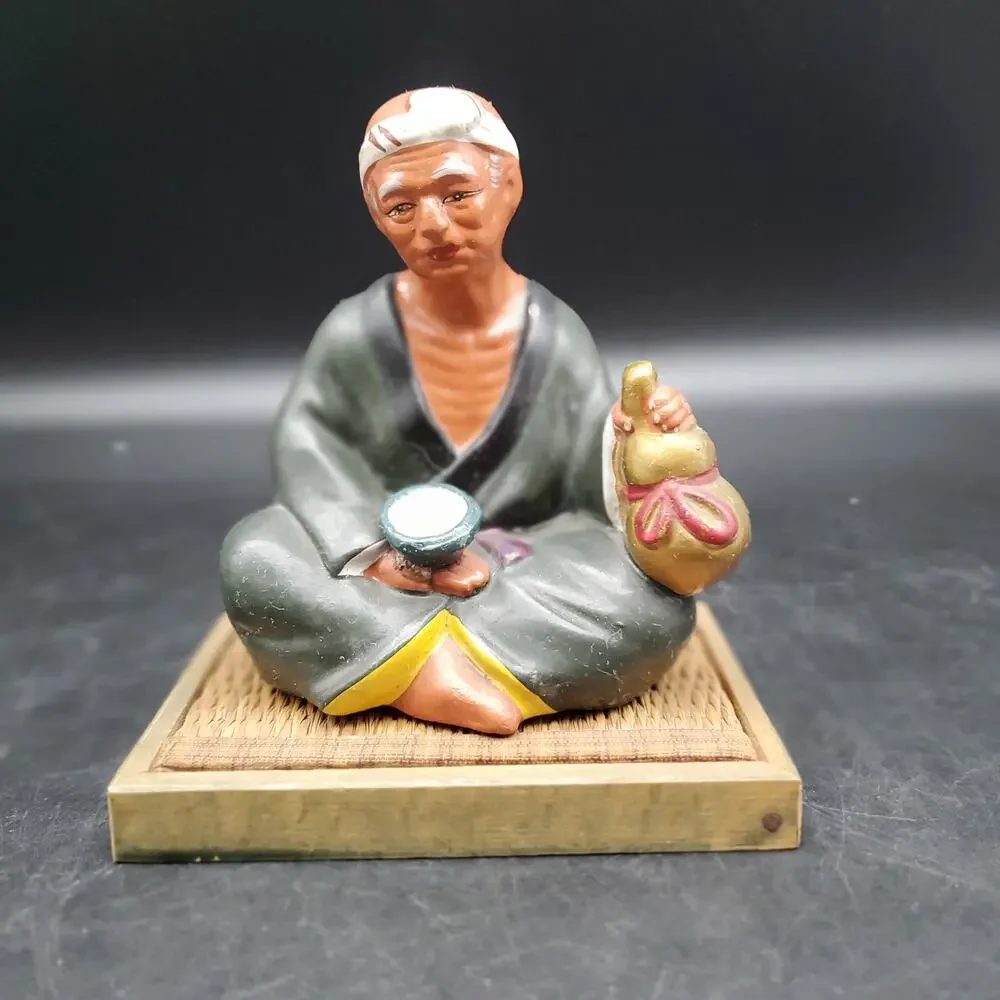 Vintage Asian Seated Man Figurine Holding Gourd Cup Woven Wood Base